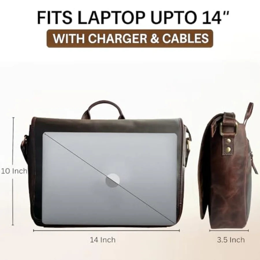 Leather Messenger Bag for Men 14" Leather Laptop Bag Vintage Crossbody Office Satchel Travel Shoulder Bag