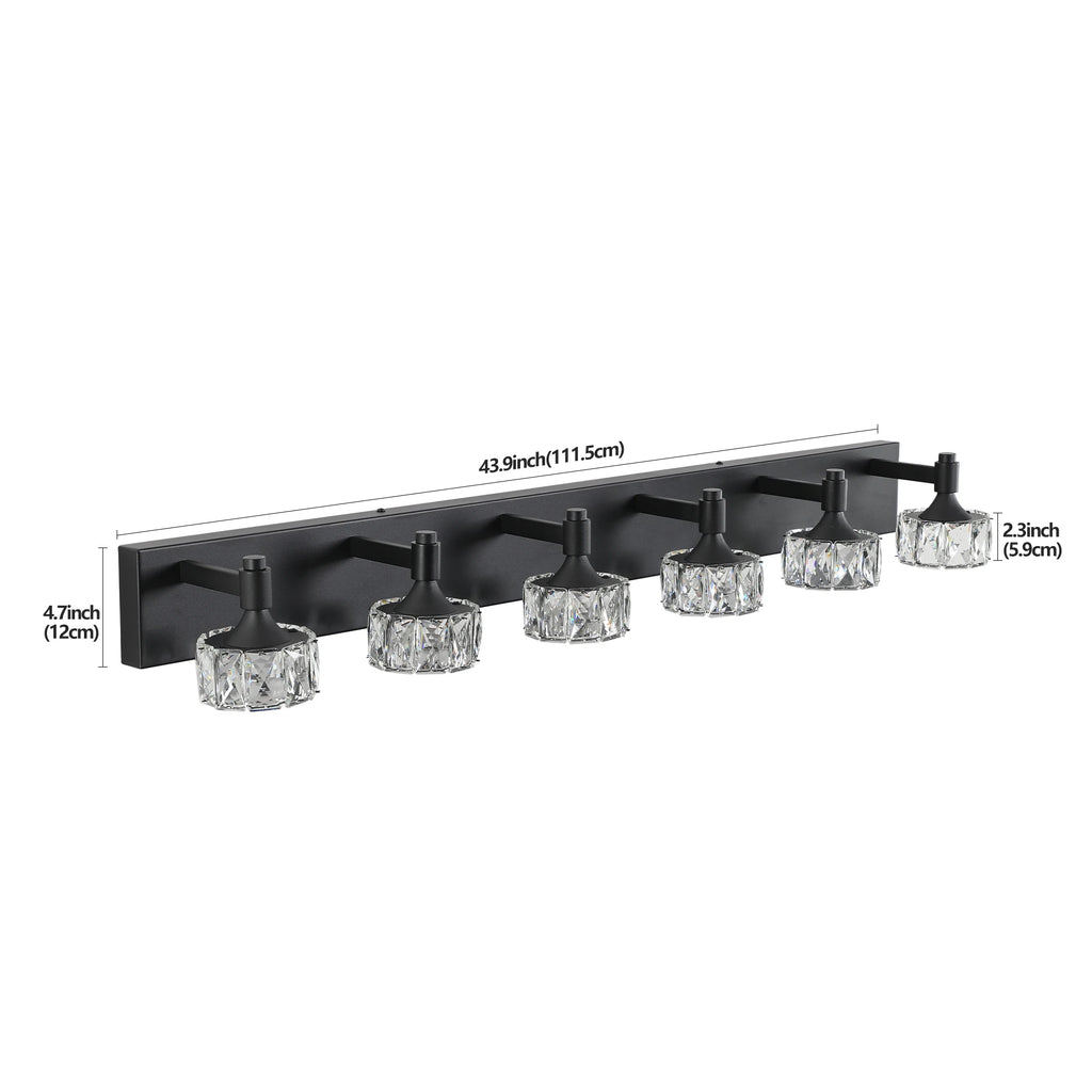 Modern LED Vanity Light 6-Light Matte Black Fixture with Crystal Glass Shades, Bathroom Wall Sconce for  Contemporary Home Decor