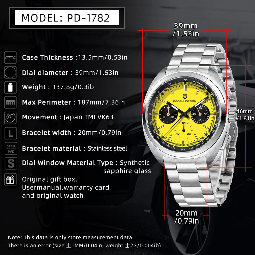 PAGANI DESIGN 2026 New Vibrant Yellow Men Watches Luxury Quartz Wrist Watch For Men Sapphire Speed Chronograph Retro Dial Clock