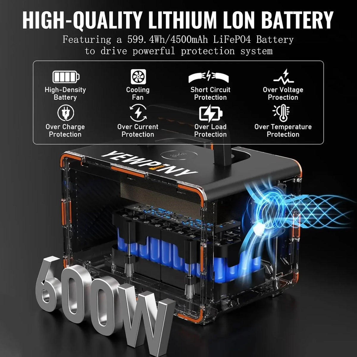 Power Station, 600W Pure Sine Wave, 599.4Wh, Solar Generator, 3000+ Charge Cycles, USB-C PD 100W, 9 Outputs, Wireless
