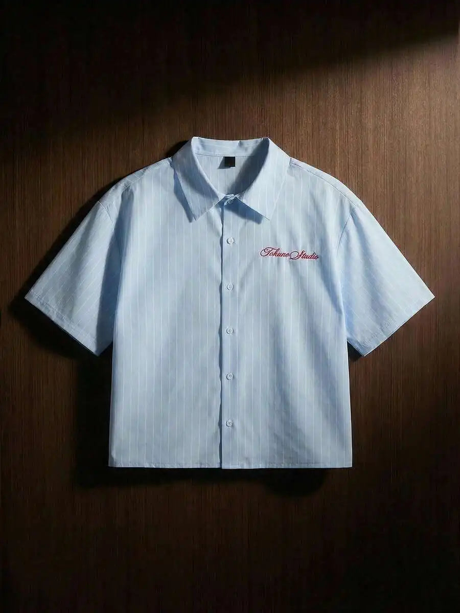 Men's Black Loose Fit Short Sleeve Shirt with Abstract Thread Embroidery, Casual Y2K Style