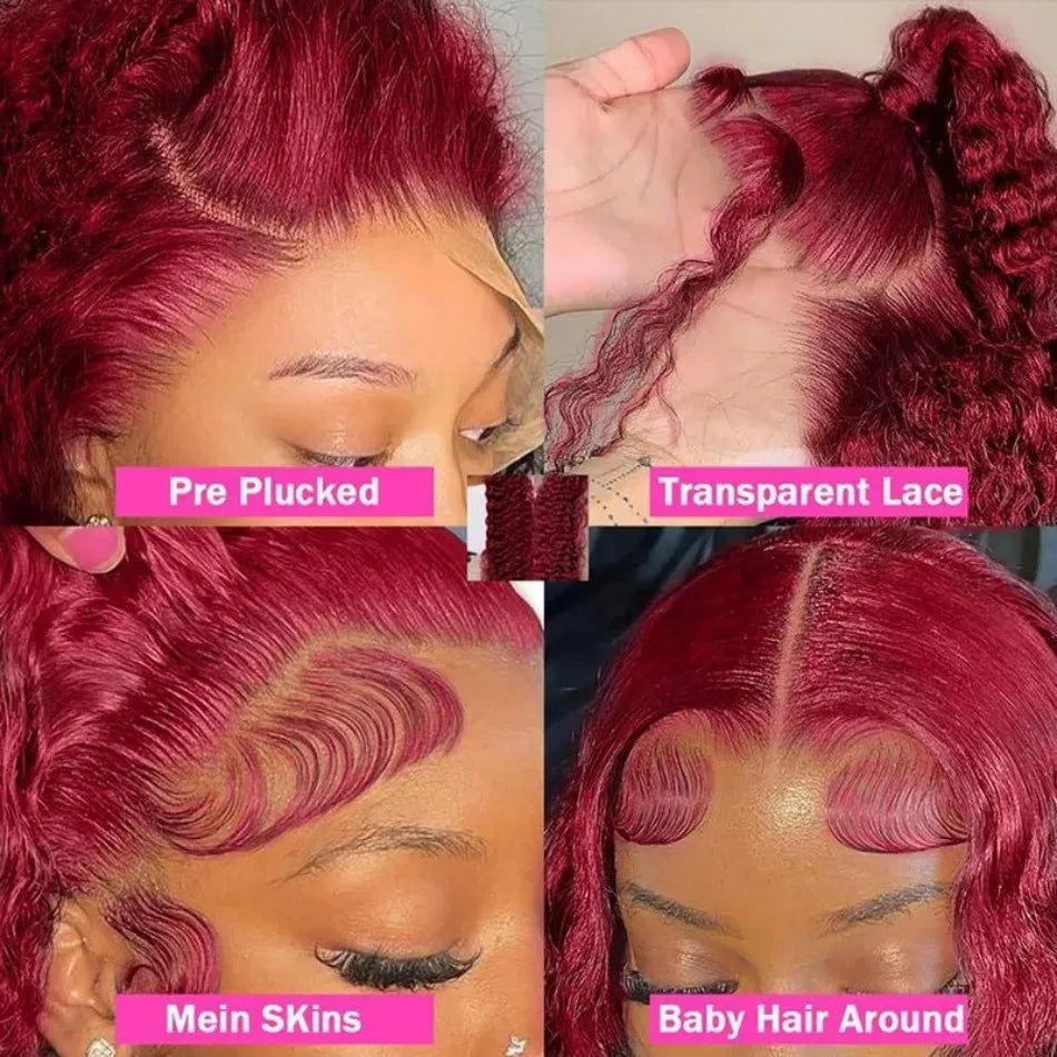 Deep Wave Human Hair Wigs 99J Burgundy 13X6 Hd Lace Frontal Wig 13X4 Human Hair 250 Density Water Wave Preplucked Brazilian Wig