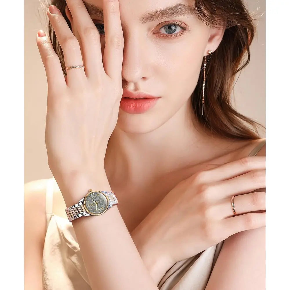 OLEVS Womens Automatic Watches Gold Classic Diamond Ladies Sel Winding Mechanical Two Tone StainlSteel Wrist Watch Date