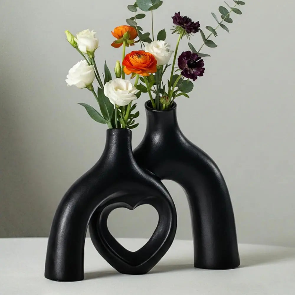 Extra Large Hollow Nordic Modern Ceramic Vases Set of 2, Milky White Aesthetic Round Donut Boho ins Style Flower Decorative