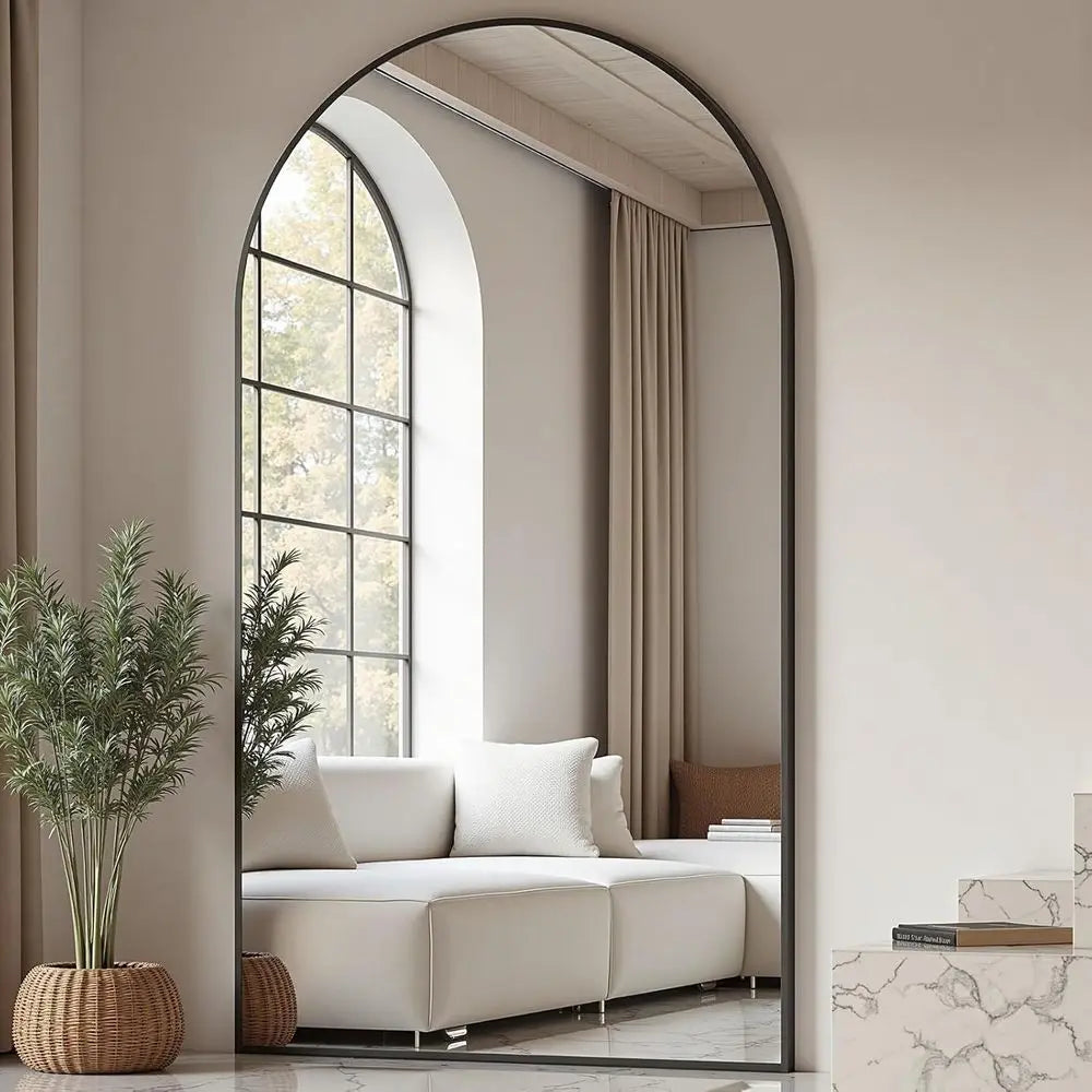 76 Arched Wall Mirror with Stand, Full-Length, for Bedroom or Dining Room, Black