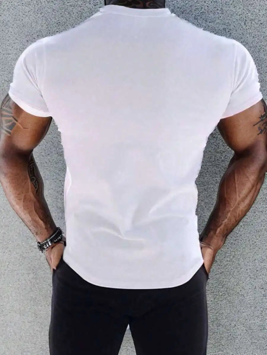 Men's White Crew Neck Short Sleeve T-Shirt with Bull Head Graphic Print, Breathable Fit for Gym & Casual Wear