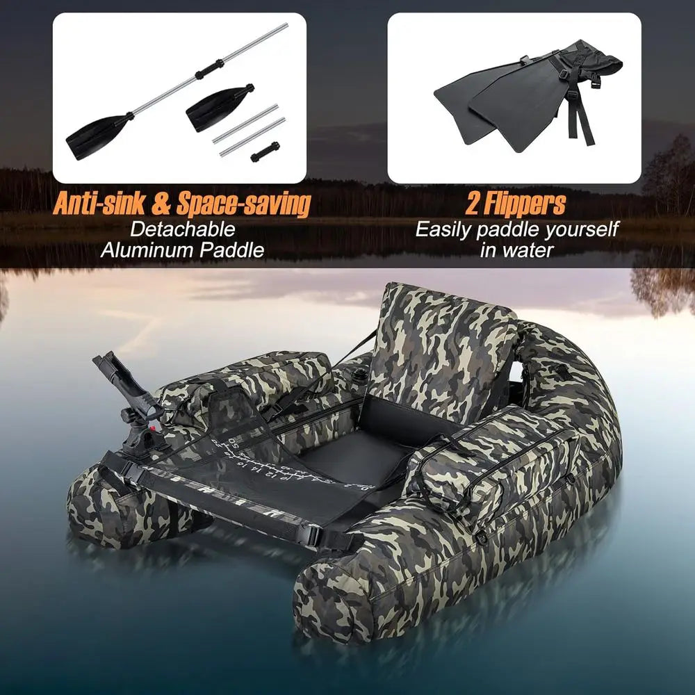 Inflatable Belly Boat with Fish Ruler, Fishing Rod Holder, Pump, Storage Bag, Flippers & Adjustable Straps, Portable Backpack Fl