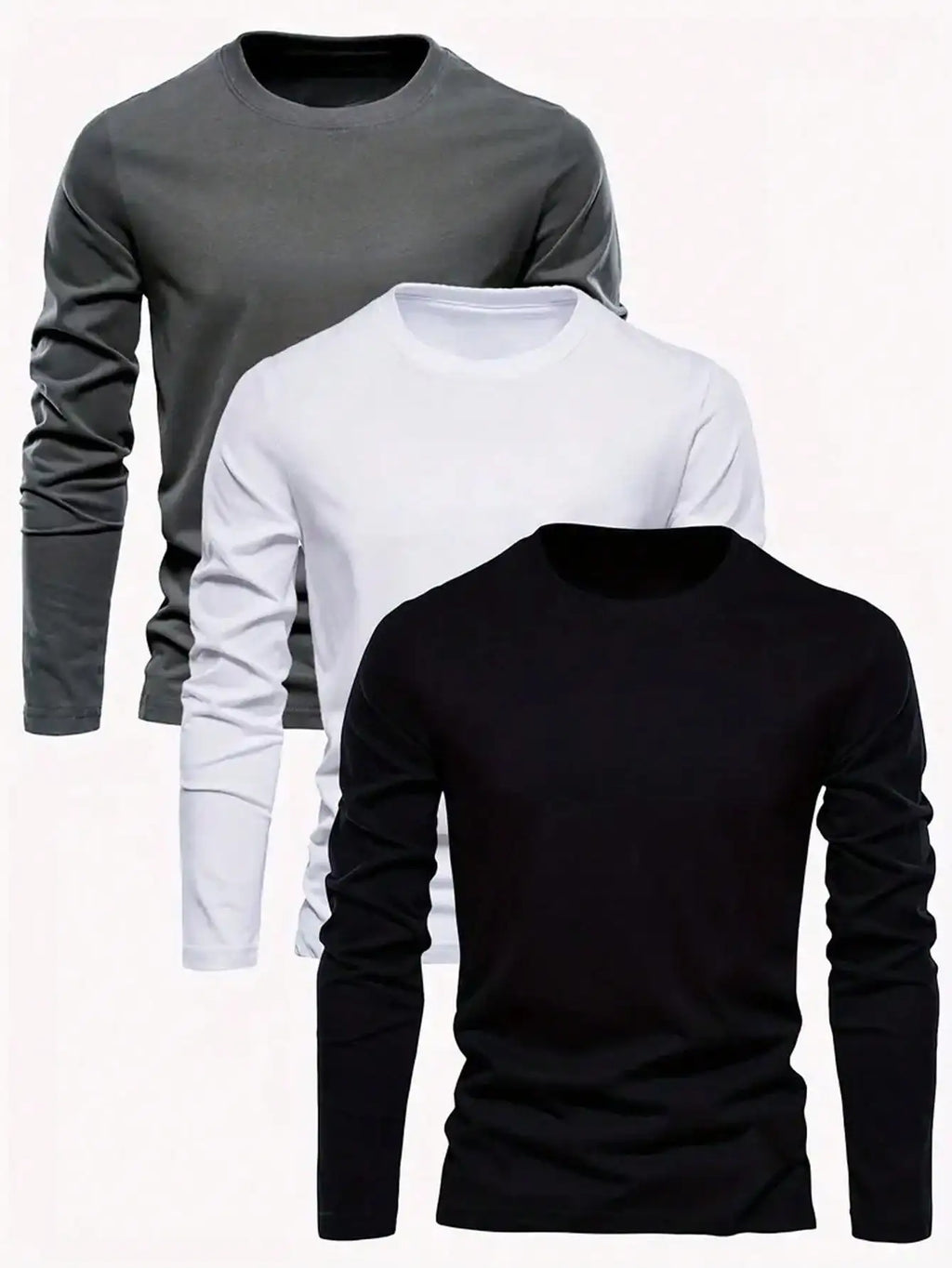3-Pack Men's Solid Color Round Neck Slim Fit Long Sleeve T-Shirts for Casual Daily Wear