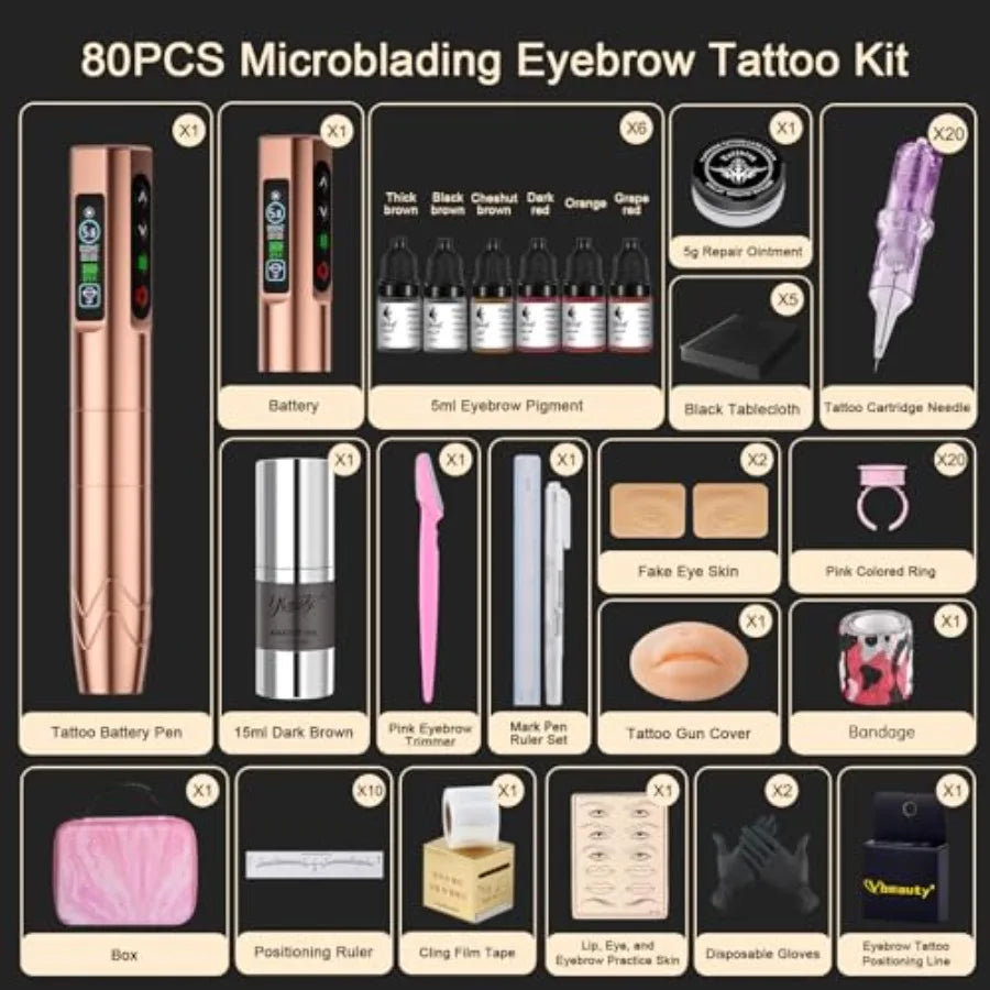 Microblading Kit for Eyebrow Lip Eyeliner Wireless Tattoo Gun with 2 Batteries 20 Needles Rose Gold Professional Semi-Permanent