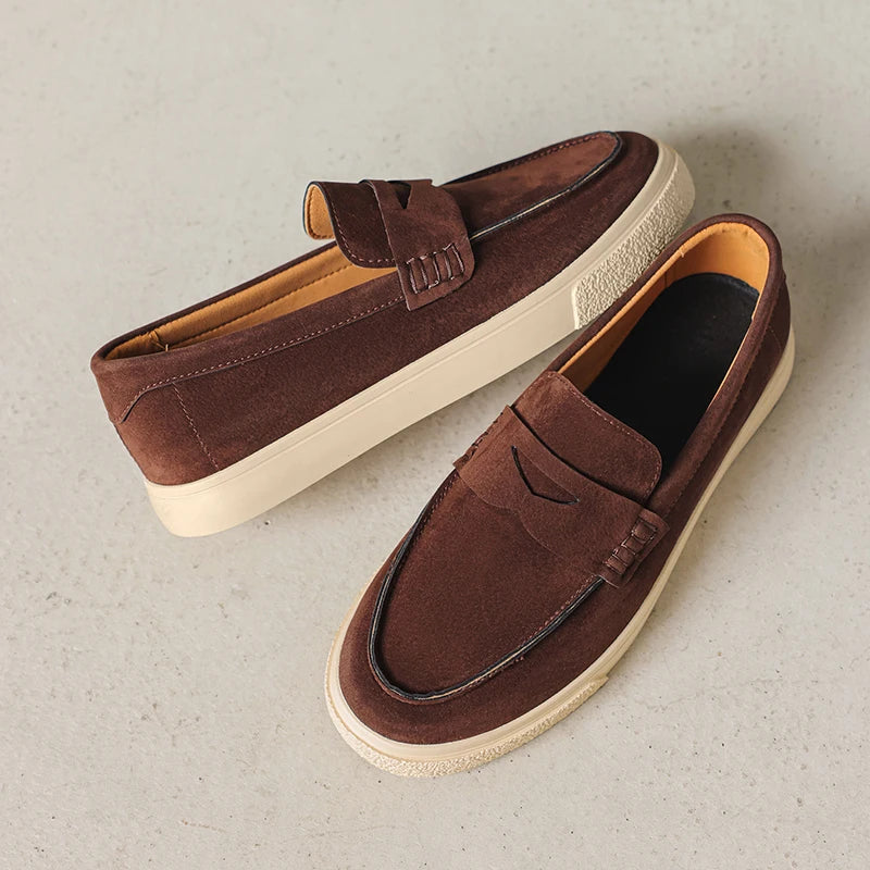 Men's Genuine Suede Moccasins: Black Round Toe, Decorative Flap, Stitching Accents, Brown Lining & Plush Comfort Fit