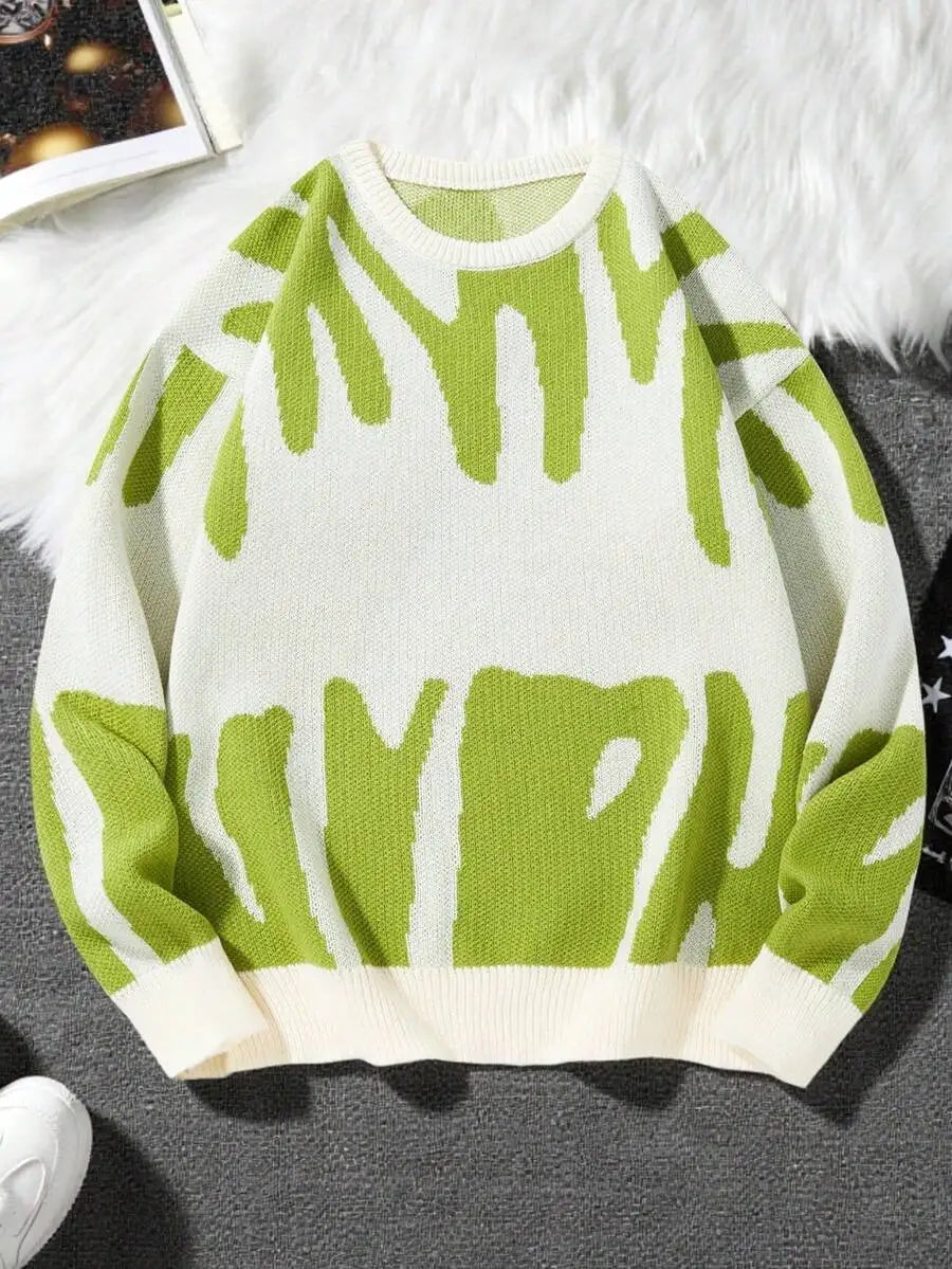 Men's Oversized Graphic Knit Sweater with Bold Black Pattern, Fall Winter Casual Wear