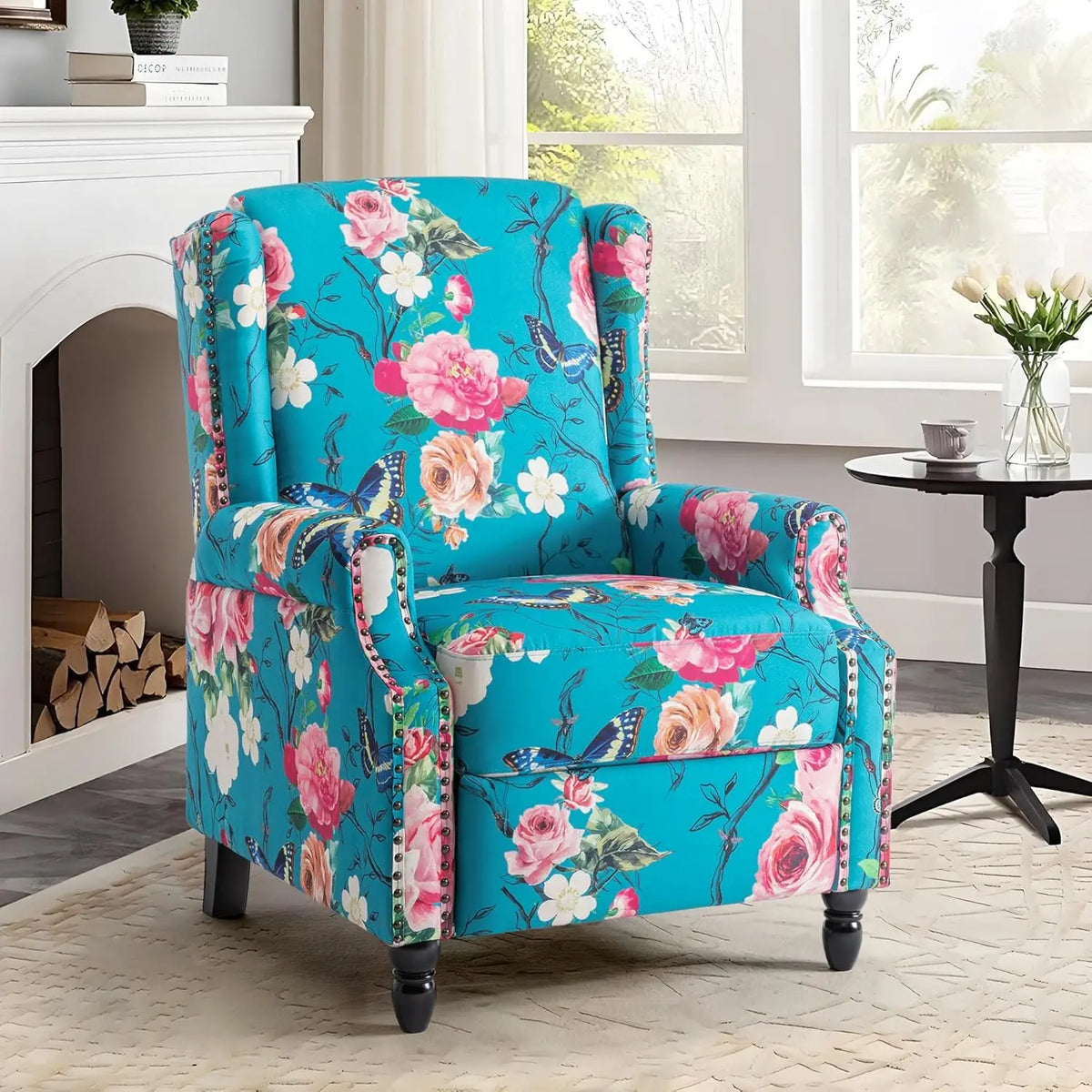 Pushback Floral Recliner Chair, Fabric Upholstered Armchair Push Back Accent Chair For Living Room, Rivet Trim Club, Customized