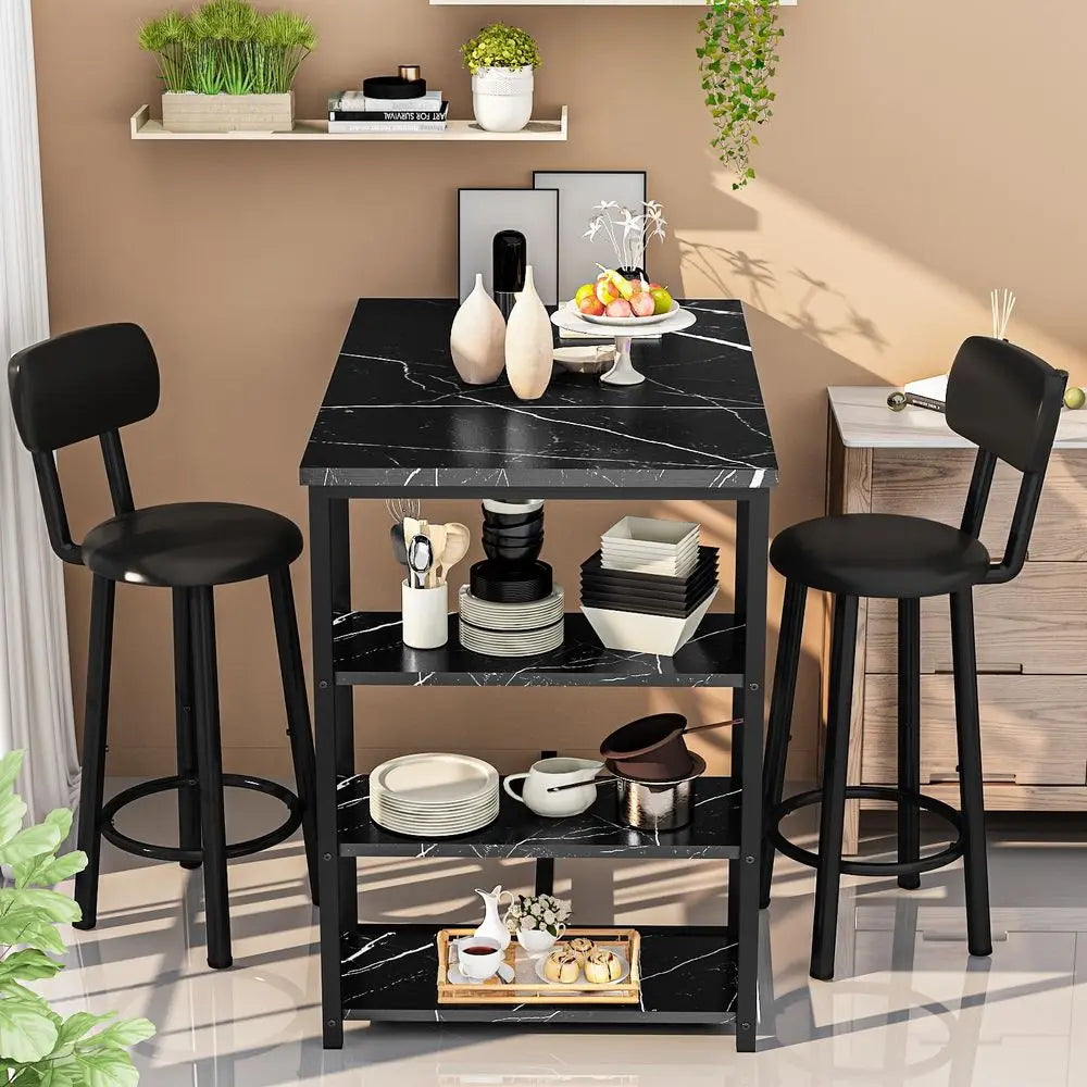 Dining Table Set for 2, Bar Table and Chairs Set with 3 Storage Shelves, Tall Dining with 2 PU Leather Backrest Stools for Small