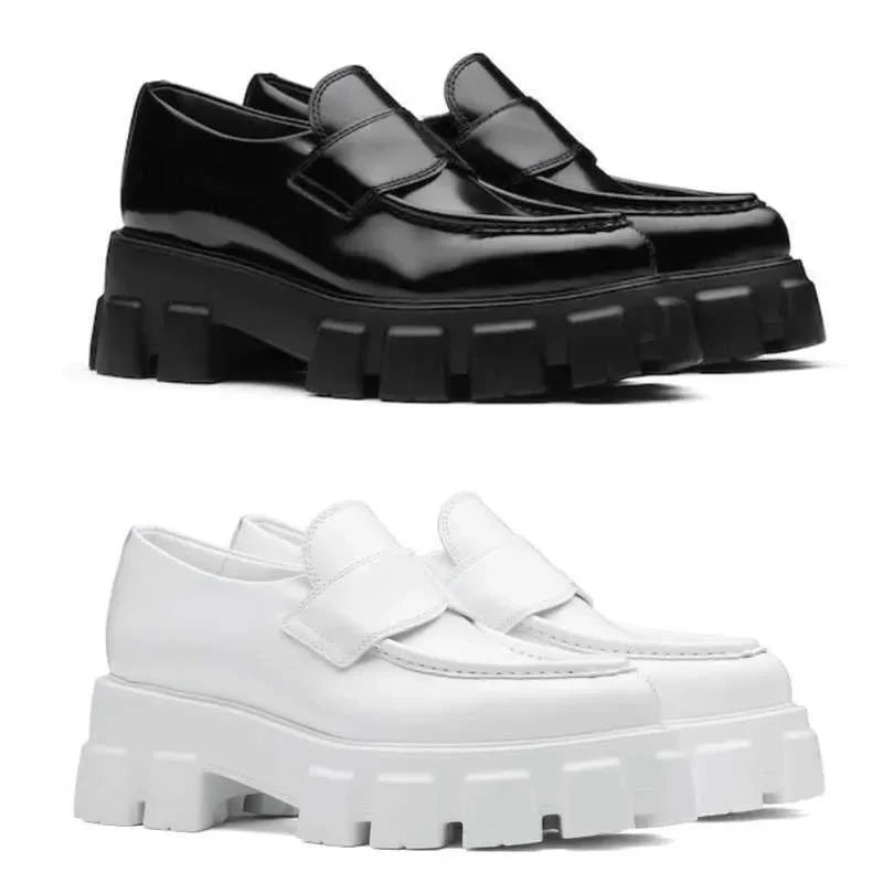 Monolith Brushed Leather Pointed Loafers Designer Women Shoes Platform Trainers Black White 55 mm Chunky Lug Sole with the ename