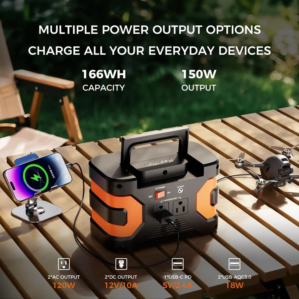150W Portable Power Station 166Wh with Solar Charging, AC/DC/USB Ports for Camping & Emergency Use