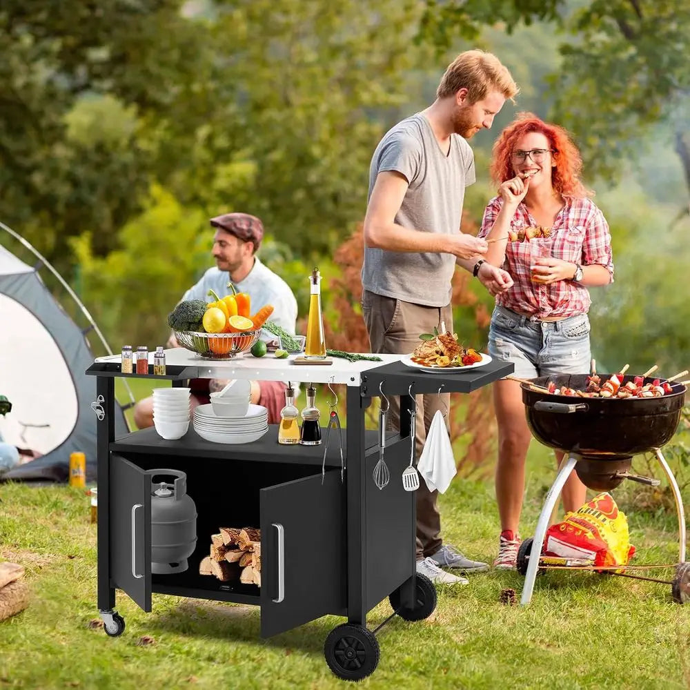 Portable Outdoor BBQ Cart with Storage, Rolling Kitchen Island, Foldable Dining Table, Spice Rack, Hooks, Bottle Opener, and Gri