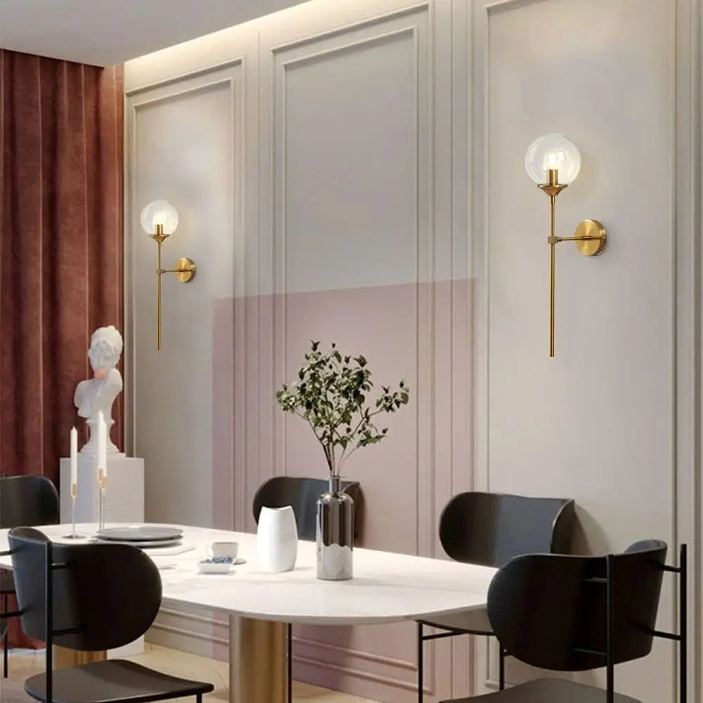 Modern Brass Gold Wall Sconce Set, 2-Piece Clear Bubble Glass Globe Lights, Mid-Century Style Bathroom Mirror Wall Lamp Set