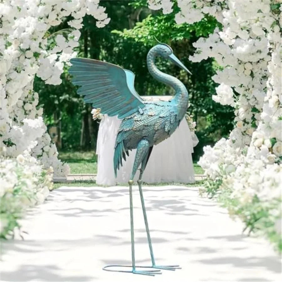 Modern Blue Metal Crane Garden Sculpture 33.37 in Height Weather-Resistant Finish Artistic Handcrafted Design Elegant Home or O