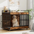 Extra Large Heavy Duty Dog Crate with Wooden Table and Stainless Steel Bowls for Large Dogs, XL Dog Kennel Furniture