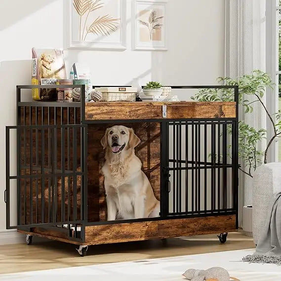 Extra Large Heavy Duty Dog Crate with Wooden Table and Stainless Steel Bowls for Large Dogs, XL Dog Kennel Furniture