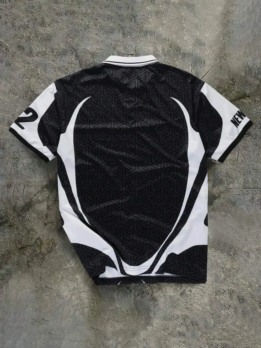 Men's Black White Graphic Print Polo Shirt, Loose Fit Y2K Streetwear Style