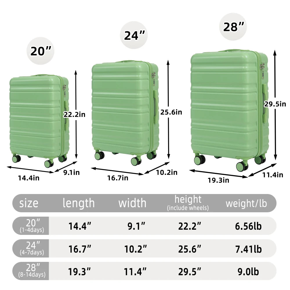 20/24/28 Inch 3PCS ABS Luggage Set Spinner Wheels Carry-On Suitcase Matching Color Combination Lock Lightweight Travel Luggage