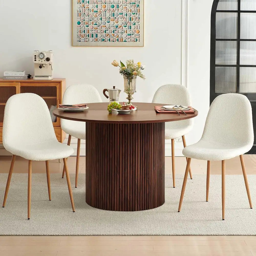 47 Inch Round Wooden Dining Table Set with 4 White Chairs for Space-Efficient Dining