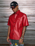 Men's Red PU Leather Short Sleeve Button-Up Shirt with Embossed Letter Design
