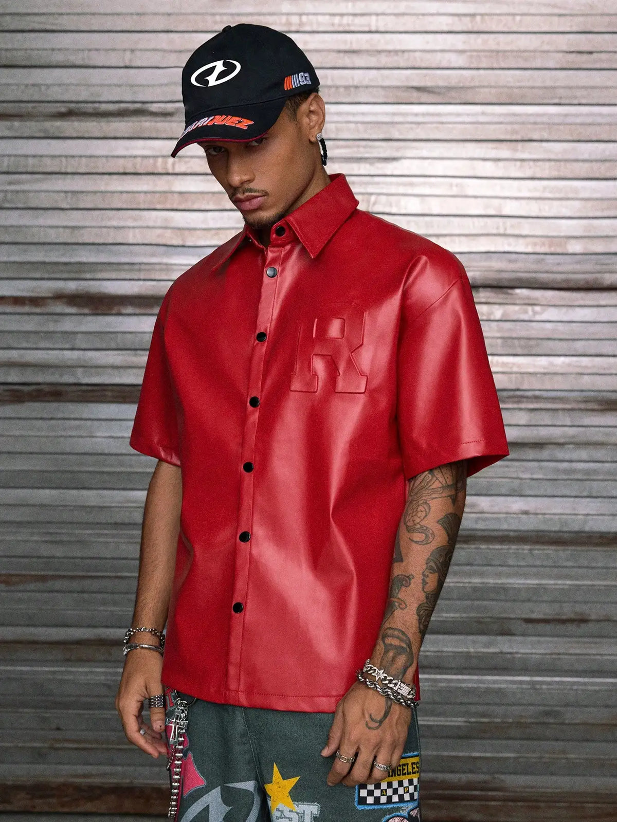Men's Red PU Leather Short Sleeve Button-Up Shirt with Embossed Letter Design