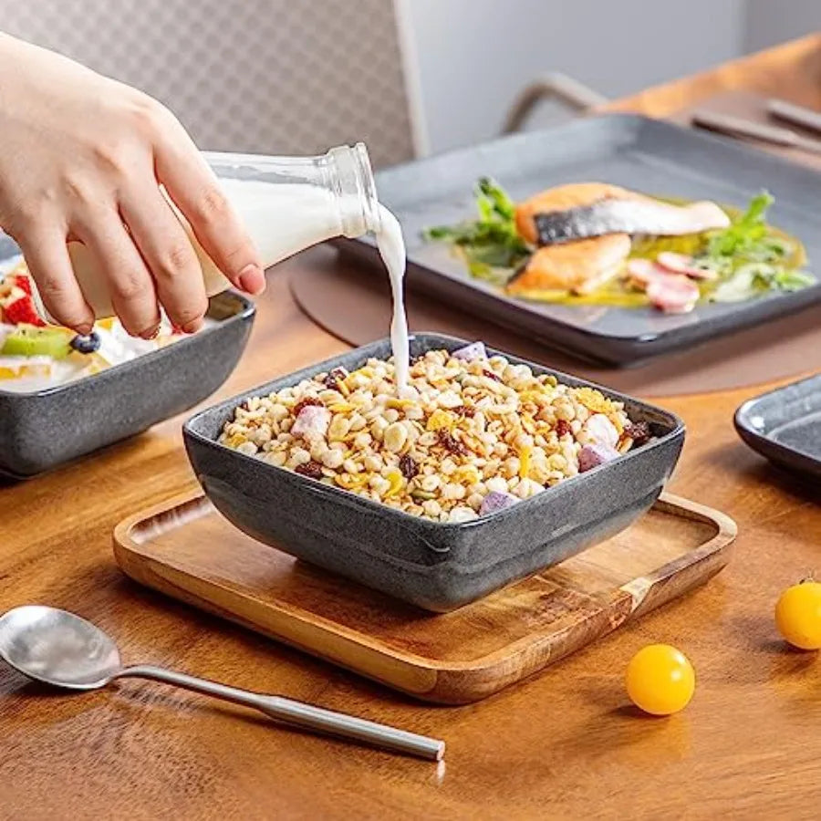 Stern Gray Dinnerware Set Square Reactive Glaze Tableware 16 Pieces Kitchen Dinnerware Stoneware Crockery Set with Dinner Plate