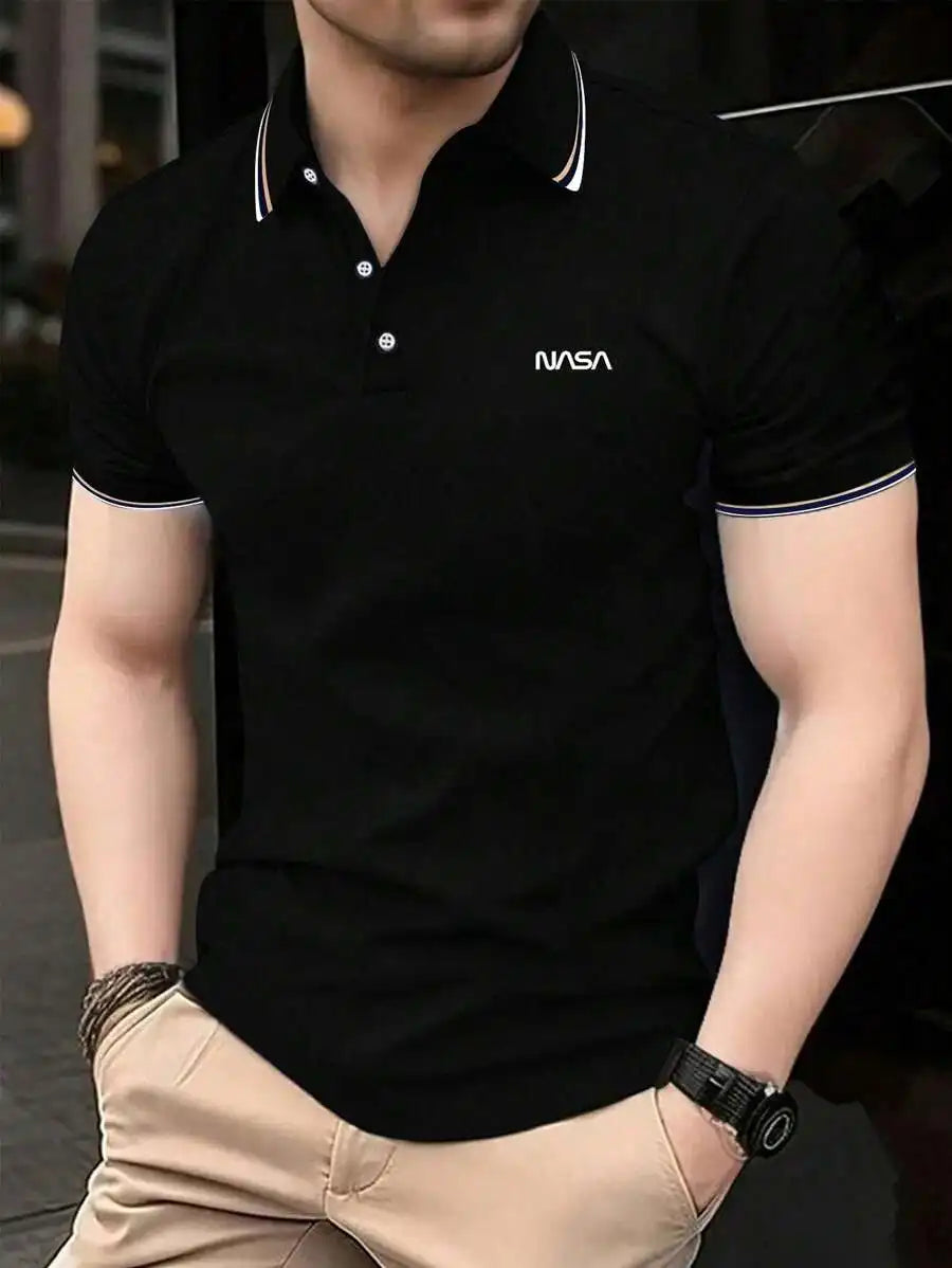Men's Navy Blue Casual Short Sleeve Polo Shirt with Contrast Trim