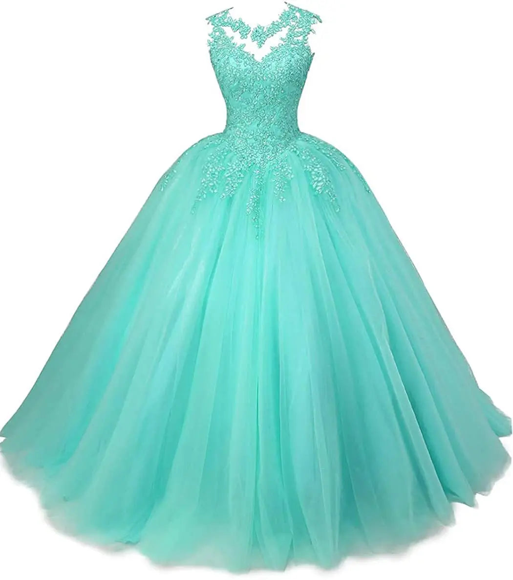 Women's Beaded Appliques Prom Dress Long Ball Gown Quinceanera Dresses Tulle Formal Sweet 16 Dress for Teens