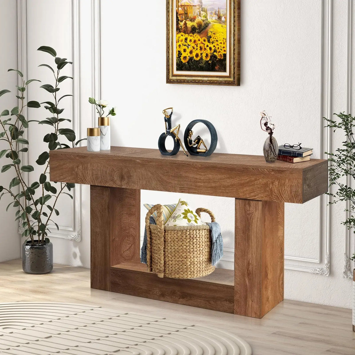 63-Inch Long Farmhouse Style Console Sofa Table, Rustic Wood Entryway Table Behind Couch For Hallway, Living Room & Foyer