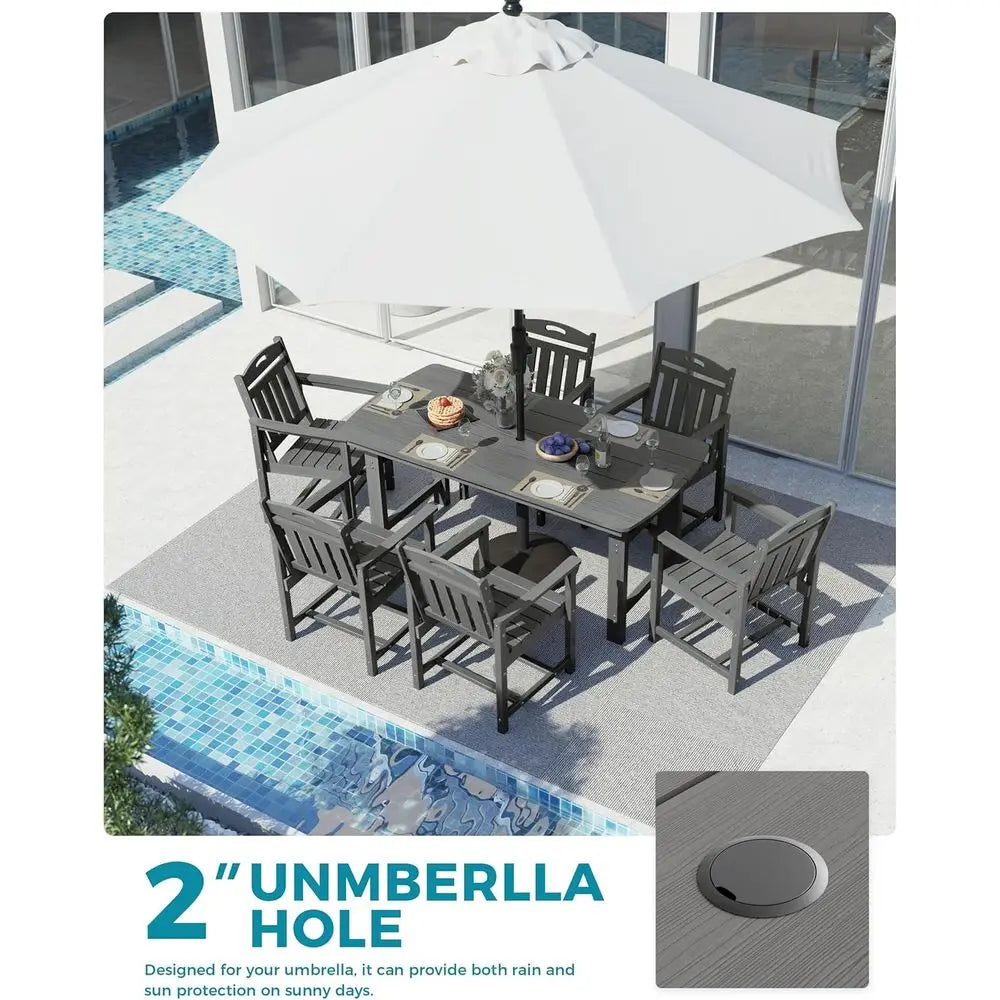 HDPE Outdoor Dining Set, 7-Piece Patio Table and Chairs Set with Umbrella Hole, All-Weather Patio Dining Sets or 6, Durable Pati