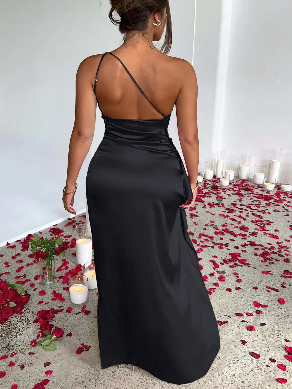 One Shoulder Satin High Slit Evening Dress For Party Wedding Reception