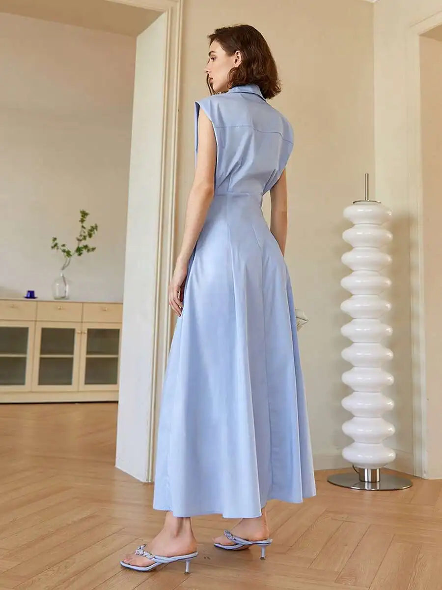 Women's Light Blue Sleeveless Collared Midi Dress, A-Line Fit, Elegant Business Casual Style