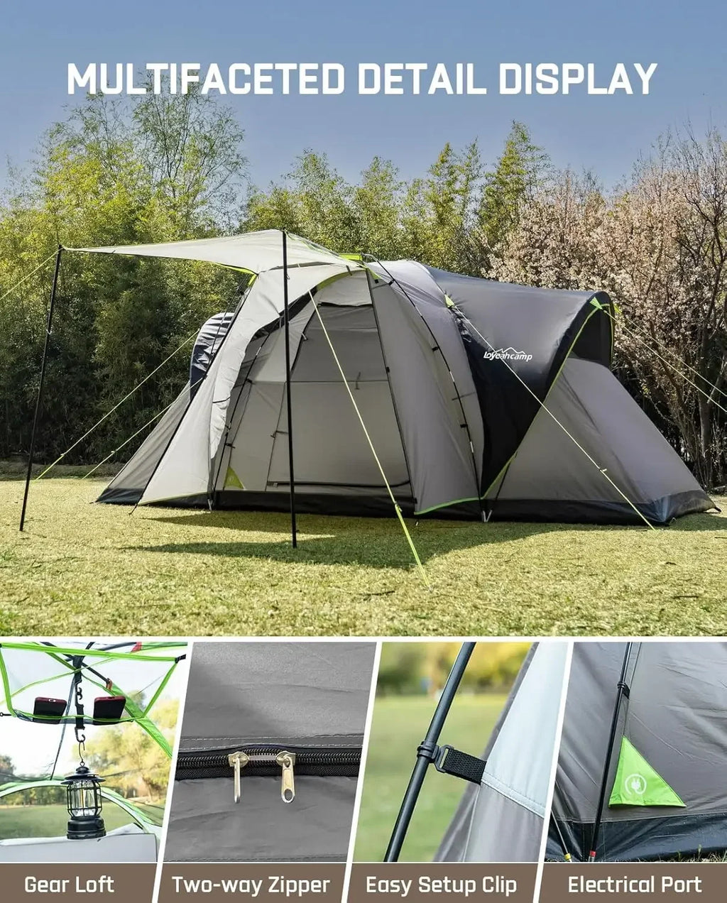 8 Person Larger Extended Dome Camping Tent with 3 Rooms, Waterproof Semi-Freestanding Family Outdoor Tent with Spacious Interior