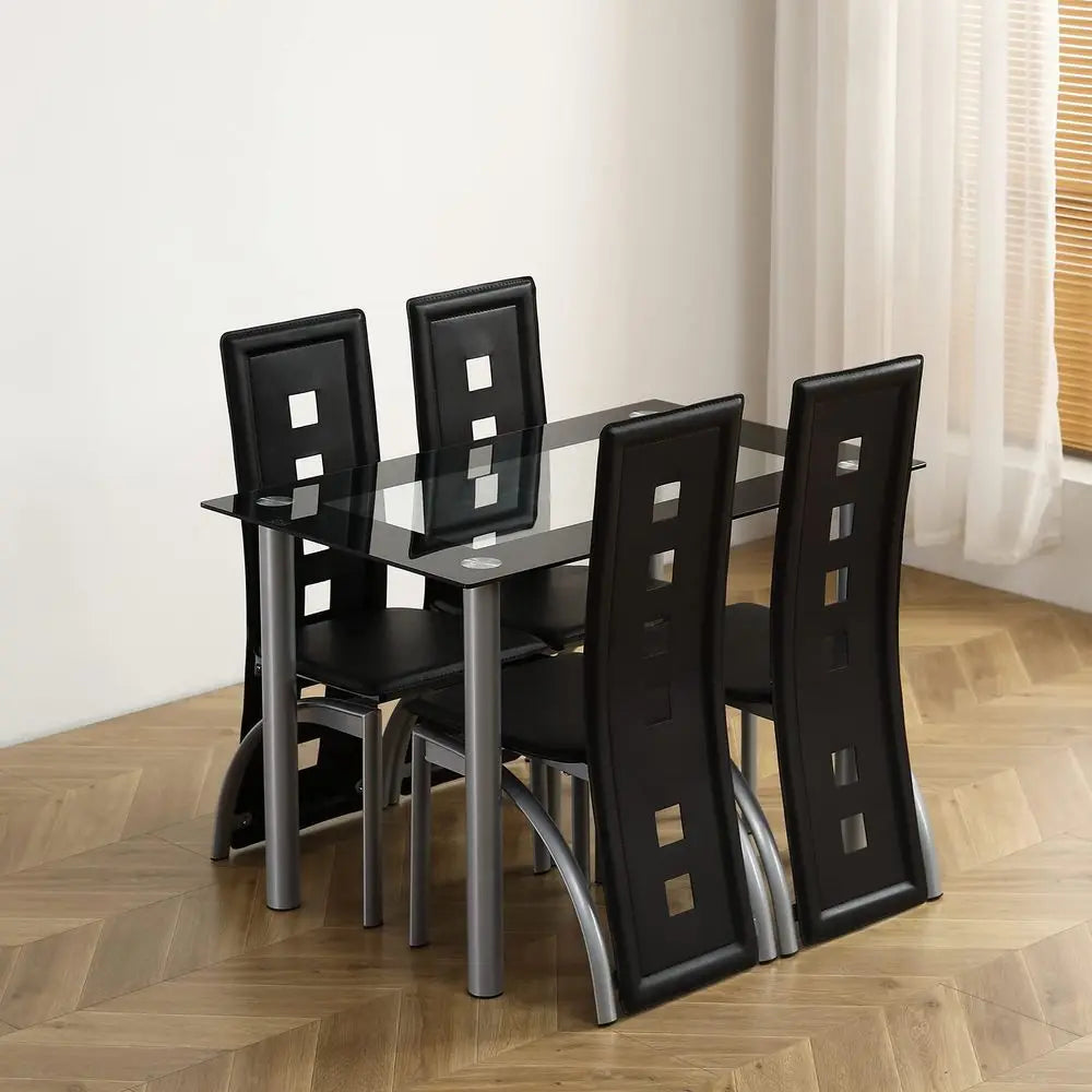 5Piece Dining Table Set with 1 Glass Dining Table and 4 PVC Chairs, Modern Dining Table Set for Kitchen amp Breakfast Dining Liv