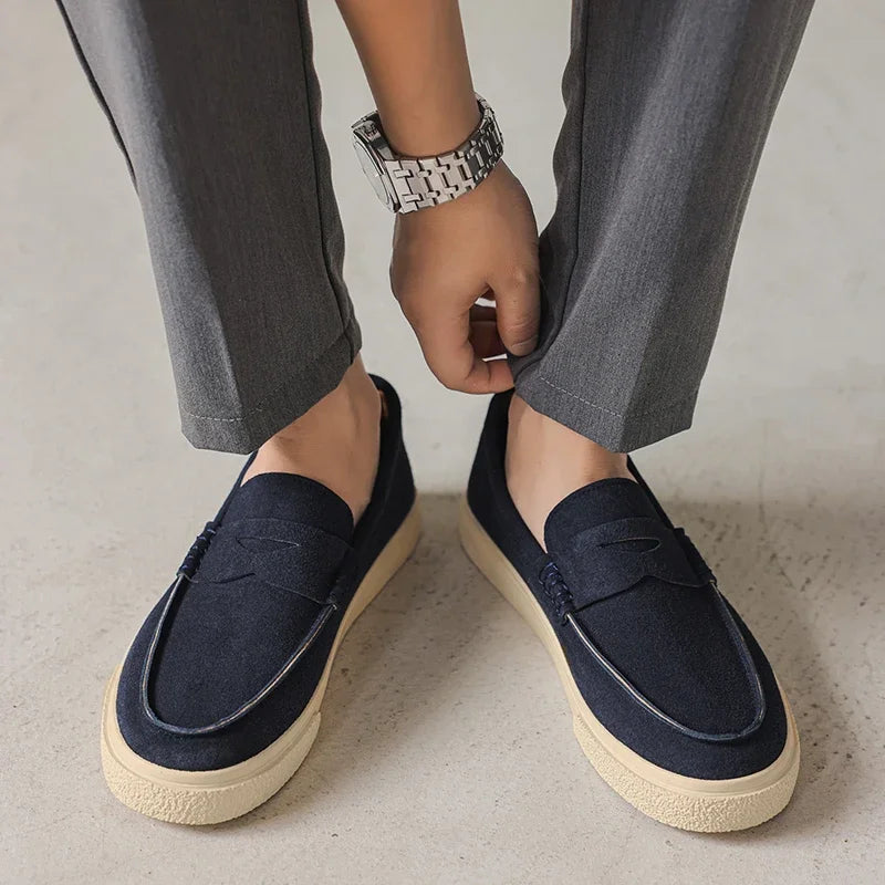 Men's Genuine Suede Moccasins: Black Round Toe, Decorative Flap, Stitching Accents, Brown Lining & Plush Comfort Fit
