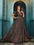 Plus Size Shiny Formal Party Dress With Ruffle Sleeves V Neck Floor Length
