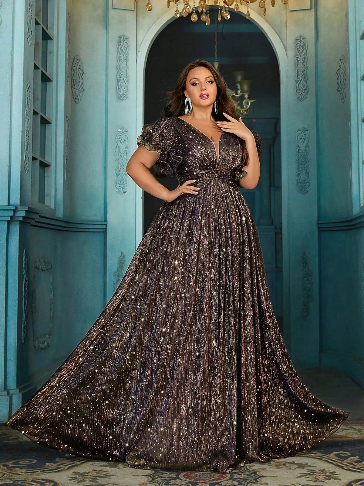 Plus Size Shiny Formal Party Dress With Ruffle Sleeves V Neck Floor Length
