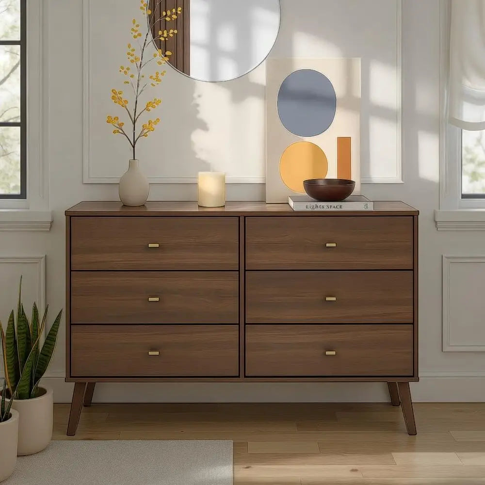 6 Drawer Double Dresser with Wide Chest, Contemporary Bedroom Furniture, Cherry Finish