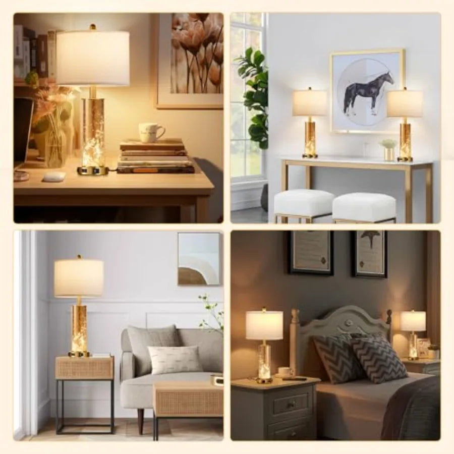 25.6" Gold Table Lamps Set of 2 Tall Bedside Lamps with Nightlight Modern Nightstand Lamp with USB Ports Desk Lamp for Bedroom
