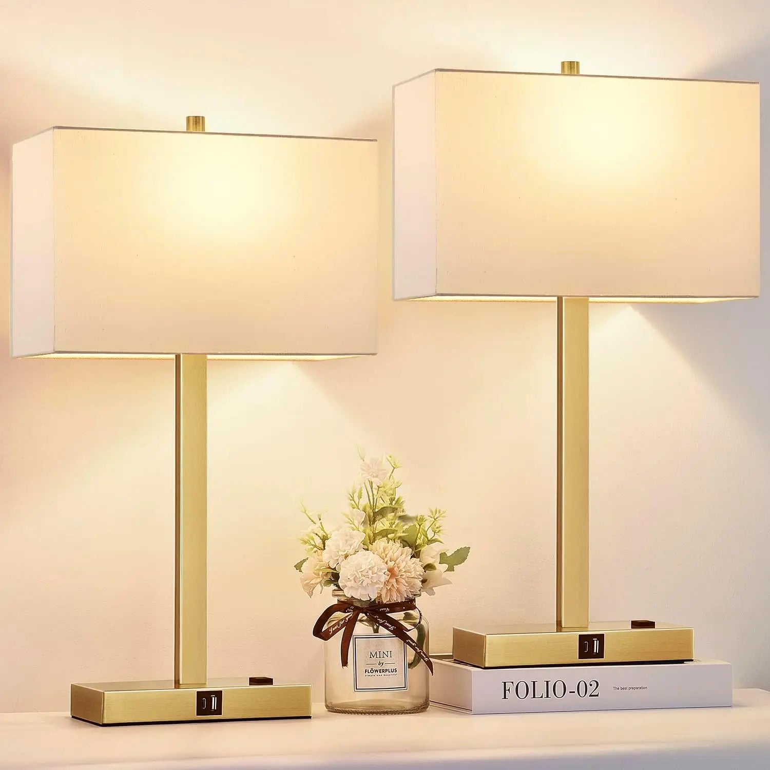 Set of 2 Dimmable Touch Bedside Lamps with USB Ports, AC Outlet, and LED Bulbs for Bedroom or Office
