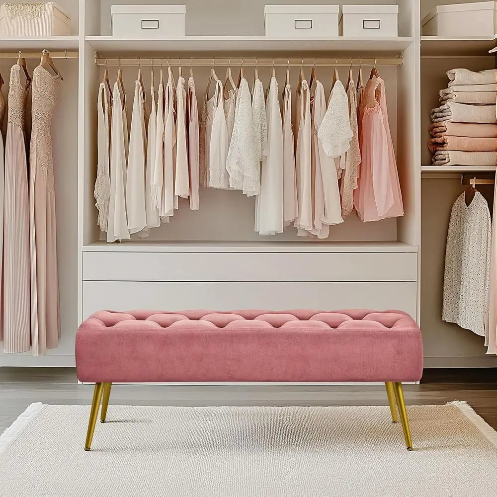45 Upholstered Button-Tufted Ottoman Bench, Metal Legs, Suitable for End of Bed or Living Room, Pink Velvet Fabric