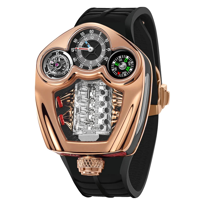 PINDU Design New Top Brand Men's Quartz Wristwatches Engine Engine Silicone Strap Compass Waterproof Watch For Men Watches