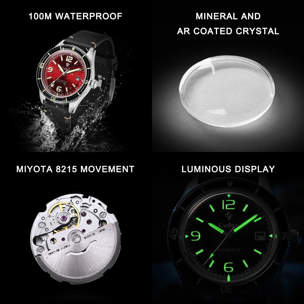 CADISEN NEW Watches Mechanical Automatic Wristwatches MIYOTA 8215 Movement Genuine Leather Waterproof Luminous Red Watch of Men