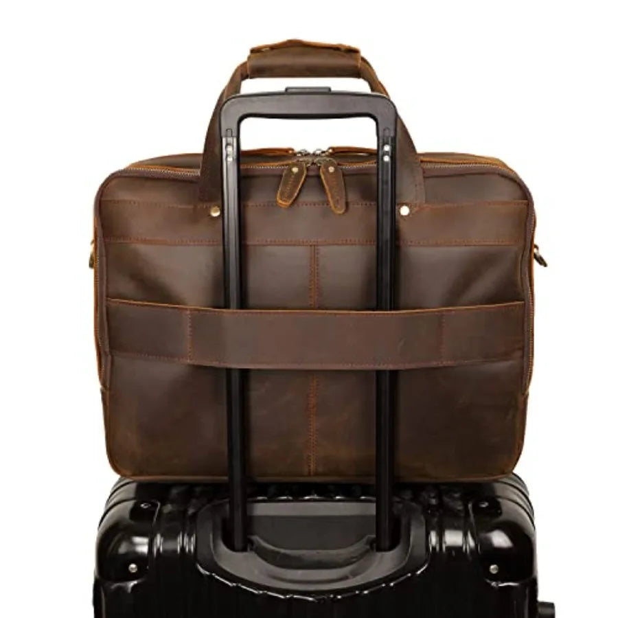 Modern Attache Style 15.7 Full Grain Italian Leather Laptop Briefcase for Men in Brown with Premium Craftsmanship and Spacious