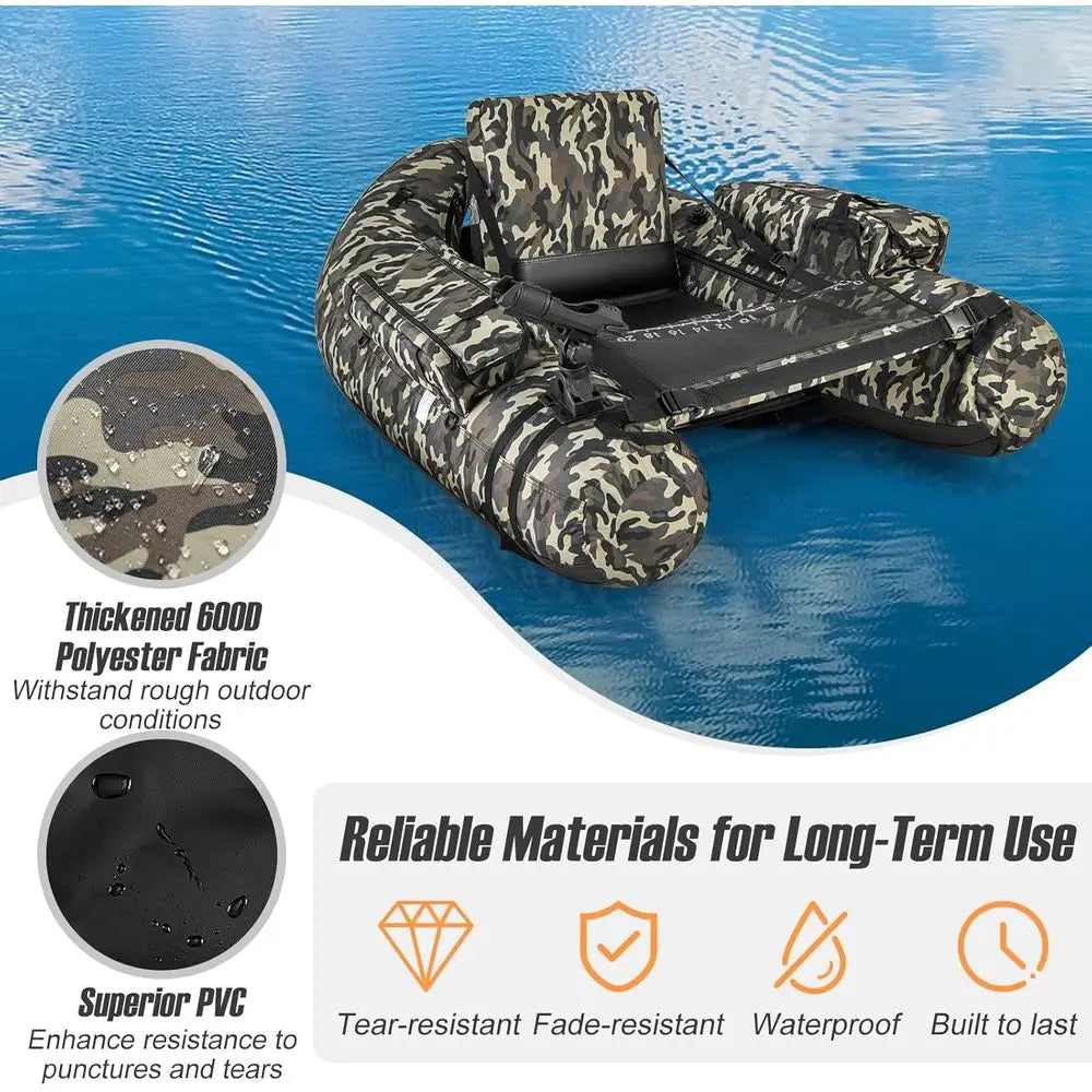 Inflatable Belly Boat with Fish Ruler, Fishing Rod Holder, Pump, Storage Bag, Flippers & Adjustable Straps, Portable Backpack Fl