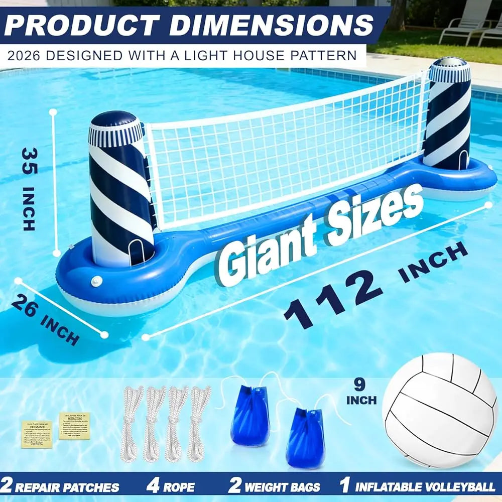 Inflatable Pool Games Volleyball Net Pool Float Set with 19\ Beach Ball, Lighthouse Design – Floating Swimming Water Sports T
